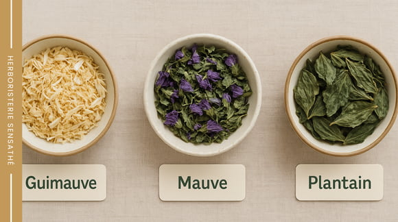 tisane de mauve, guimauve et plantain contre la toux - Herboristerie Sensathé